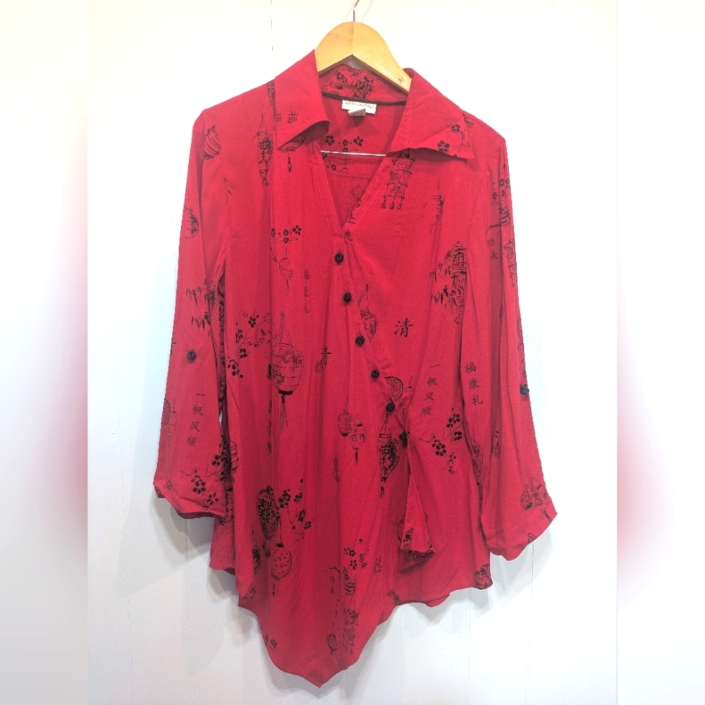 Soft Surroundings Asymmetrical Top Red size Large‎ Asian Japanese Wrap Pagoda